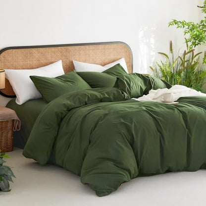 Wake In Cloud - Cotton Duvet Cover Set, 100% Washed Cotton, Linen Like Textured, Breathable Durable Comfy Farmhouse Neutral Bedding Set, 3 Pieces, Olive Green, Queen Size