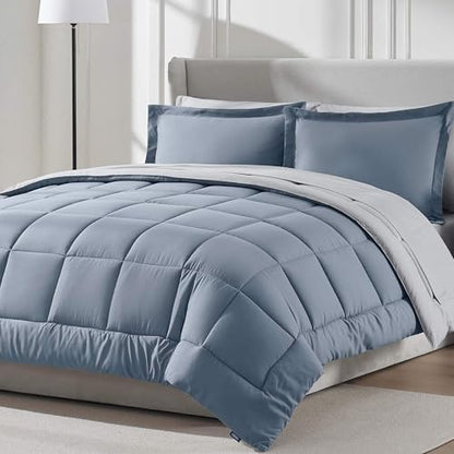 Nestl 9 Piece Queen Comforter Set – Stone Blue Reversible Bed in a Bag – Complete Queen Size Bedding Set with Sheets, Set of 2 Down Alternative Pillows, Pillowcases and Shams