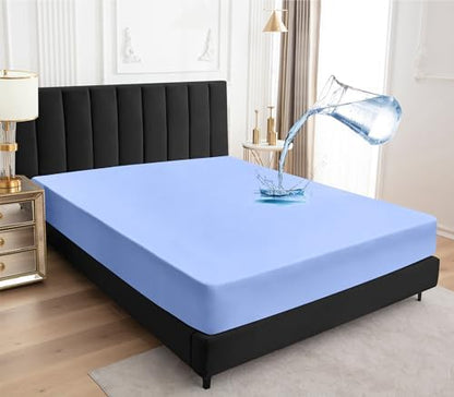 Sufdari Full Size Mattress Protector,Waterproof Mattress Protector,Fitted Sheet Style Mattress Cover with 18" Deep Pocket,Washable and Comfortable-Blue,Full