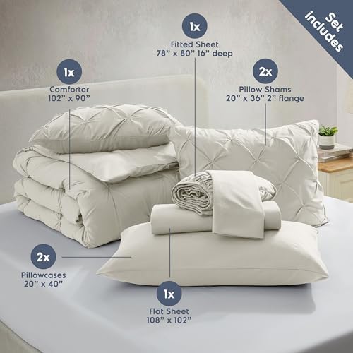 Nestl 9 Piece King Comforter Set – Off White Pinch Pleated Bed in a Bag – Complete King Size Bedding Set with Sheets, Set of 2 Cooling Pillows, Pillowcases and Shams