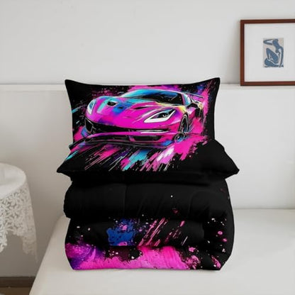 Homewish Cool Sports Car Comforter Set,Race Car Bedding Set for Kids Girls Boys,Teens Adults Extreme Sports Comforter,Racing Theme Quilted Duvet Set Bedroom Collection Twin Size 2Pcs