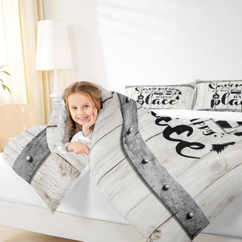 Happy Camping Comforter Set King Size,Wooden Plank Pine Trees Rustic Farmhouse Bedding Set 3pcs for Kids Boys Girls Adults,Camper RV Trailer Decor Down Comforter,Retro Duvet Insert,2 Pillowcases