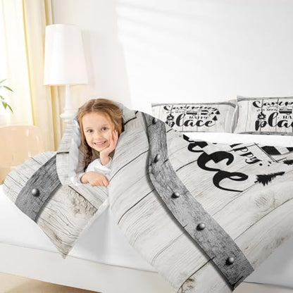 Happy Camping Comforter Set King Size,Wooden Plank Pine Trees Rustic Farmhouse Bedding Set 3pcs for Kids Boys Girls Adults,Camper RV Trailer Decor Down Comforter,Retro Duvet Insert,2 Pillowcases