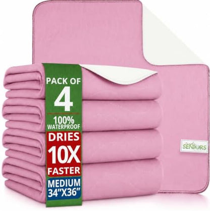 Bed Pads Washable Waterproof 34"x36"- Pack of 4 Pink Incontinence Bed Pads