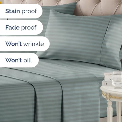 Full 4 Piece Striped Sheet Set - Breathable & Cooling - Greeny Stripes