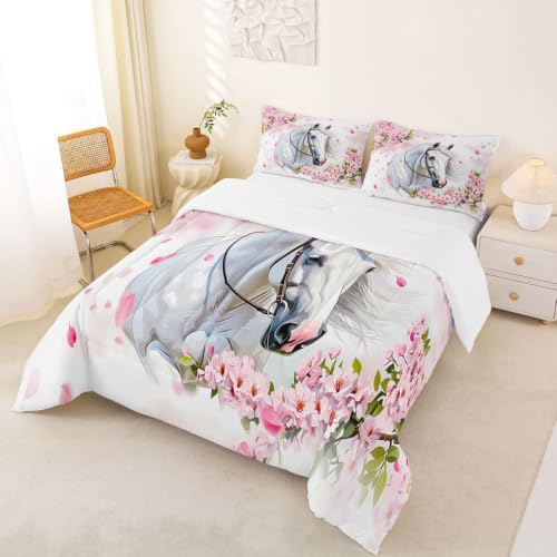 Feelyou White Horse Comforter Set Queen Size Bedding Set for Teens