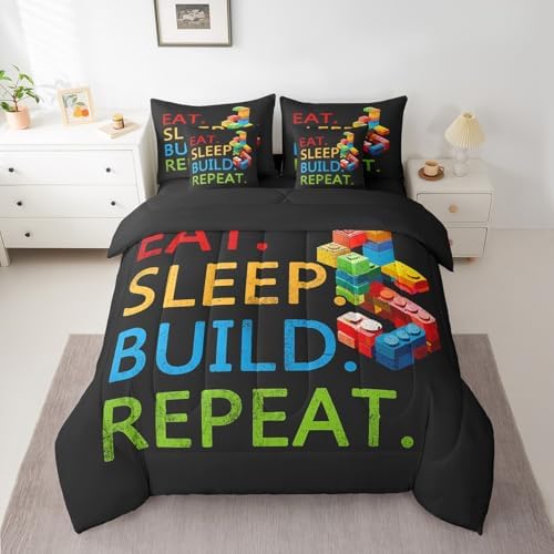 Feelyou Colorful Toy 7 Piece Bedding Set Teen Women Men Funny Building Blocks Decoration Comforter Set with Sheets Twin Size Kids Boys Cute Games Bed in a Bag Colorful Geometric Brick Room Decor