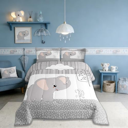 Castle Fairy Cartoon Elephant Bedding Comforters Queen Size,Kawaii Cute Wild Animal Comforter Set with 2 Pillowcases,Grey White Tree Cloud Flower Children Adult Polyester Duvet Set 3pcs