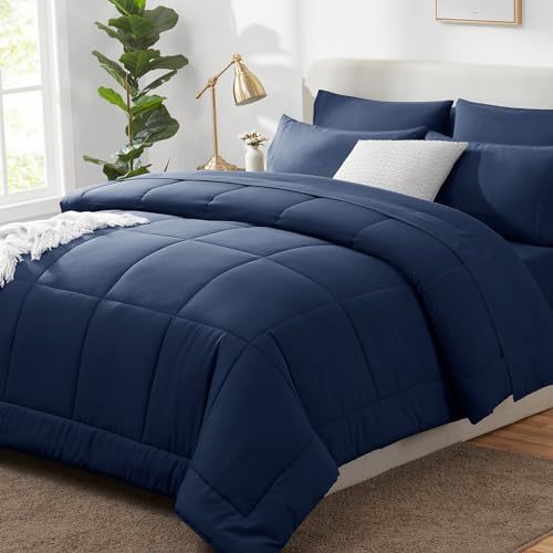 CozyLux Oversized King Comforter Set Navy Blue - 7 Pieces Bed in a Bag