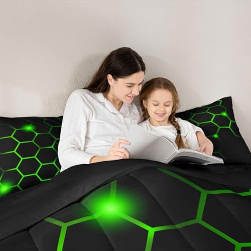 Feelyou Hexagonal Comforter Set Geometric Honeycomb Bedding Set for Kids Adults Neon Green Black Comforter Modern Hexagon Beehive Quilt Set Ultra Soft Room Decor Full Size Bedroom Collection 3Pcs