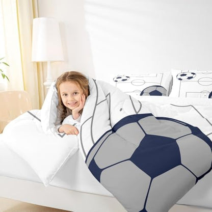 Football Boys Comforter Set King Size, Ball Games Sports Theme Soccer Print Quilt Set for Kids Teens Gamer Room Decor, Football Court Pattern Navy Blue Polyester Bedding Set with 2 Pillowcases