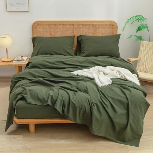 BESTOUCH Cal King Washed Cotton Linen Feel Sheet Set 4 Pcs Olive Green