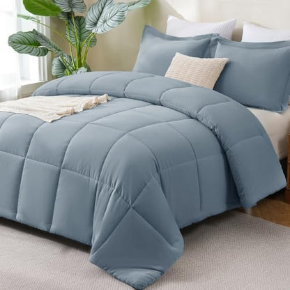 CozyLux Oversized Queen Comforter Set, 3-Piece Box-Stitched, Grayish Blue