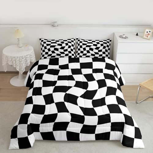 Checkered Comforter Set Full Size Abstract Geometric Bedding Set for Kids Boys Girls Modern Geometric White Black Duvet Quilt Cute Neutral Aesthetic Plaid Bedroom Decor 3 Pcs with 2 Pillow Cases