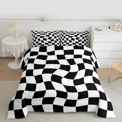 Checkered Comforter Set Full Size Abstract Geometric Bedding Set for Kids Boys Girls Modern Geometric White Black Duvet Quilt Cute Neutral Aesthetic Plaid Bedroom Decor 3 Pcs with 2 Pillow Cases