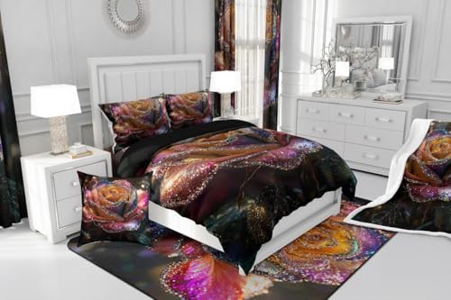 jejeloiu Glitter Rose Comforter Set Queen Size Kids Floral Flower Bedding Set for Boys Girls Teens Garden Flower Duvet Breathable Romantic Quilt Bedroom Decor,1 Comforter with 2 Pillowcase