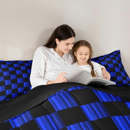 Feelyou Checkered Comforter Set King Size Abstract Ombre Bedding Set for Kids Boys Girls Modern Geometric Blue Black Duvet Quilt Cute Neutral Aesthetic Plaid Bedroom Decor 3 Pcs with 2 Pillow Cases