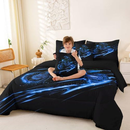 Feelyou Blue Neon Dirt Bike Comforter Set with Sheets 7 Piece King Motocross Bedding Set for Boys Girls Speed Racing Bed in a Bag Line Art Design Room Decor Extreme Sports Pattern Soft Lightweight