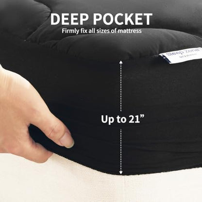 SLEEP ZONE King Size Mattress Pad, Cooling Mattress Topper, Quilted Fitted Mattress Cover, Machine Washable Mattress Protector, Soft Fluffy Down Alternative, Deep Pocket 8~21 inch (Black, King)