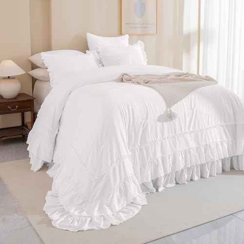 Masaca Oversized King Comforter 128x120,Farmhouse Shabby Boho Chic Ruffled Bedding Comforter Set,3Pcs Netural White Ruffle Comforter Rustic French Country Extra Large King Size Bedding Set