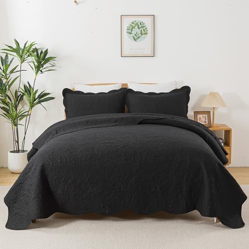 HoneiLife Queen Quilt Bedding Set - Microfiber Quilt Sets for Queen Bed, 3-Piece Lightweight Bedspreads,Reversible Coverlets Rustic Bedlinen Sets, Floral Bedding Set All Season Quilts-Black