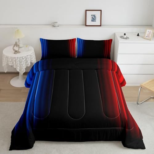 Feelyou Geometric Ombre Teens Comforter Set Twin Size Kids Boys Women Blue Red and Black Bedding Set Decor Modern Stripes Comforter 2Pcs