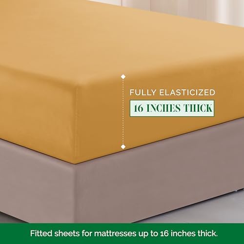 Elegant Comfort Luxurious 1500 Premium Hotel Quality Microfiber Three Line Embroidered Softest 4-Piece Bed Sheet Set, Wrinkle and Fade Resistant, King, Camel-Gold