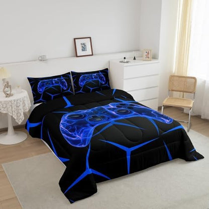 Castle Fairy Game Controller Comforter Set Toddler Size,Gaming Game Controller Blue Bedding Set for Kids Teens,Geometric Honeycomb Down Comforter,2 Pcs 1 Pillowcase