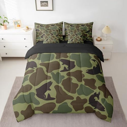 Erosebridal Fish Hunting Comforter Set Full Size Army Camouflage Hunter Bedding Sets 7 Piece Rustic Wildlife Bed in a Bag Farmhouse Bass Fish Sheet Set with Comforter Vintage Army Green Decor