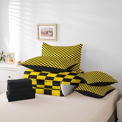 jejeloiu Yellow Black Comforter Set with Sheets 7 Piece Twin Size
