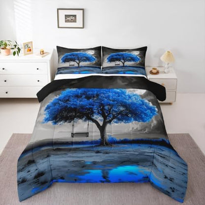 Manfei Tree Artwork of Life Kids Comforter Set Full Size,Cloud Botanical Nature Bedding Set,Girls Boys Room Decor,Modern Abstract Art Quilt Comforter,Blue Fashion Simple Duvet Insert,2 Pillowcases