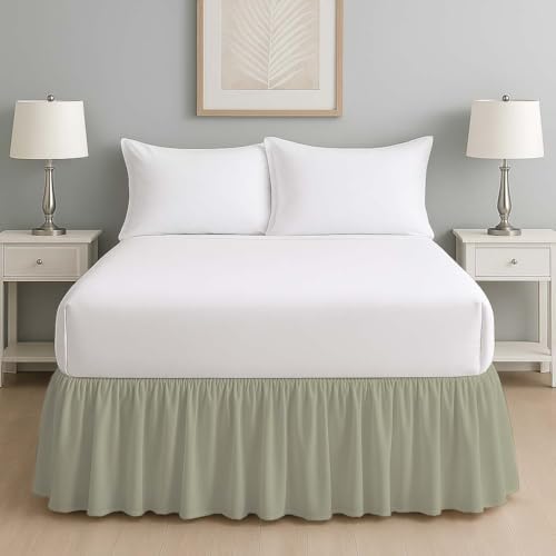 Mattress-Homes Ruffled Bed Skirt Split Corners with Platform, Tailored Fit Wrinkle Free Ultra-Soft Microfiber Dust Ruffle, Upto 14" Drop, King, Sage