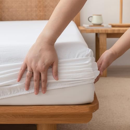 BESTOUCH Queen Washed Cotton Linen Feel Sheet Set, 4 Pcs Solid Bright White
