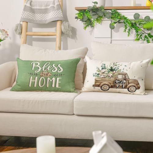 AVOIN colorlife Bless Our Home Farmhouse Eucalyptus Leaves Throw Pillow Covers, 12 x 20 Inch Green Truck Cushion Case Decorations Set of 4