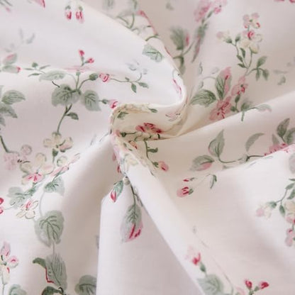 VM VOUGEMARKET Pink Ruffle Floral Duvet Cover Set Queen,Peach Pink Flower Bedding Set 100% Cotton Reversible Pink Stripes Duvet Cover with Zipper & Ties,90"x90"