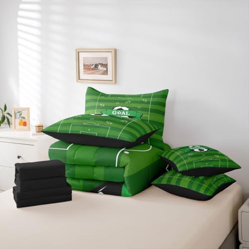 Erosebridal Soccer Green Gaming Boys Kids Football Court 7 Piece Bedding Set Twin | Hexagon Honeycomb Comforter Set with Sheets Striped Bed in A Bag Sports Theme Playground Bed Sets