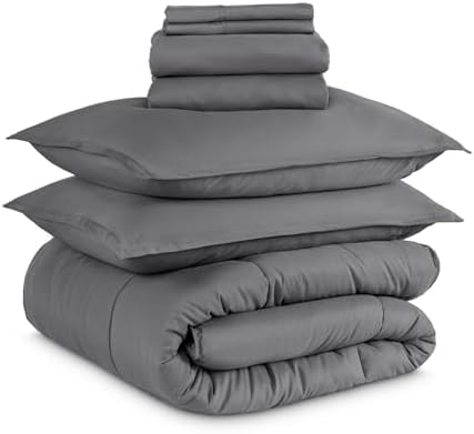 Bare Home Bed-in-A-Bag 7 Piece Comforter & Sheet Set - Split Head King - Down Alternative - Ultra-Soft 1800 Premium Bedding Set (Split Head Flex King, Grey/Grey)