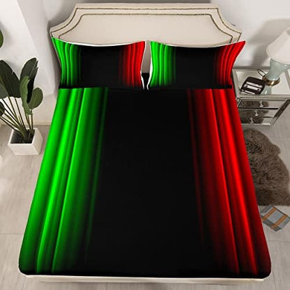 Feelyou Geometric Abstract Ombre Girly Bed Sheets Kids Teens Green Red and Black Striped Sheet Set Decor Modern Fashion Bed Set with 2 Pillowcases 4Pcs Bedding King