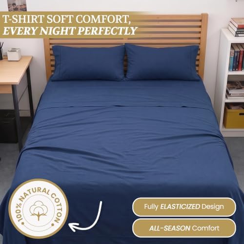 Full XL 100% Cotton Jersey Knit Sheet Set, 4PC, 15" Deep Pocket, Navy Blue