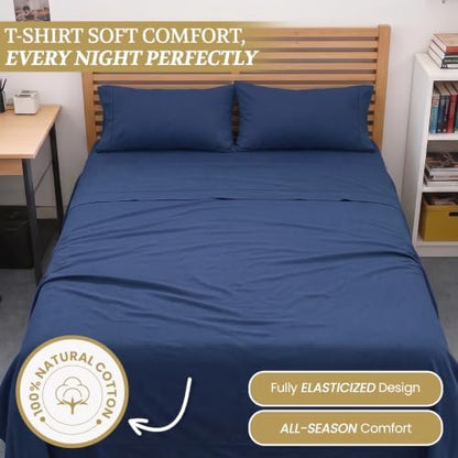 Full XL 100% Cotton Jersey Knit Sheet Set, 4PC, 15" Deep Pocket, Navy Blue
