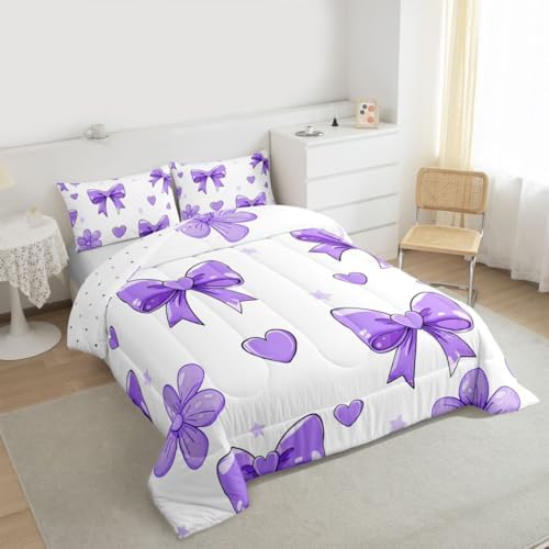 jejeloiu Bowknot Comforter Set Toddler Size Bow Bedding Set for Kids Boys Girls White Purple Duvet Quilt Cute Bow-tie Bedroom Decor Microfiber 2 Pcs with 1 Pillow Cases