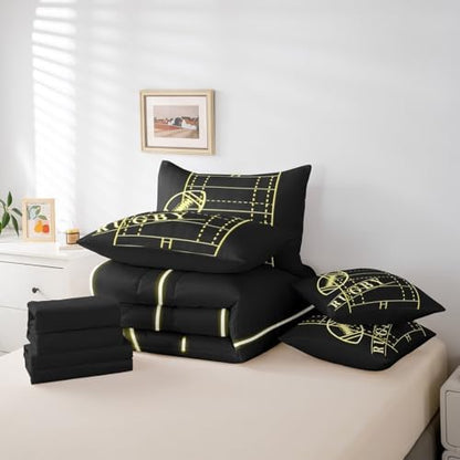 Sport Bedding Comforter Sets 7pcs Soccer Bed in a Bag for Boys, Black Yellow Full Bedding Sets Gold Gradient Neon Comforter Set, Football Themed Bedding Sets & Collections (Black Reversible)