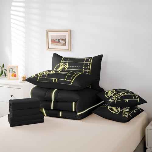 Sport Bed in a Bag 7-Piece Soccer Bedding Set for Boys, Black Yellow Queen Size Comforter Set Gold Gradient Neon Bedding Comforter Sets, Football Themed Bed Set Breathable (Black Reversible)
