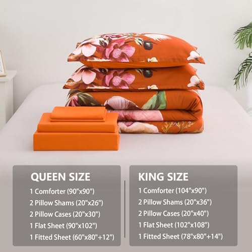 Luxudecor Terracotta Floral Comforter Set Queen Size 7 Piece, Flower Bed in a Bag, Elegant Floral Comforter with Sheet Set, Soft Microfiber Bedding Set for All Season (Terracotta, 90"x90")