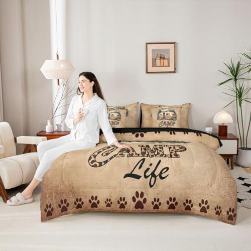 Erosebridal Happy Camping 7 Piece Bedding Set Leopard Print Camper Full Size Bed In A Bag For Kids Teens Adult Bedroom Vintage Rv Farmhouse Comforter Set With Sheets Rustic Cabin Lodge Bed Sets, Brown
