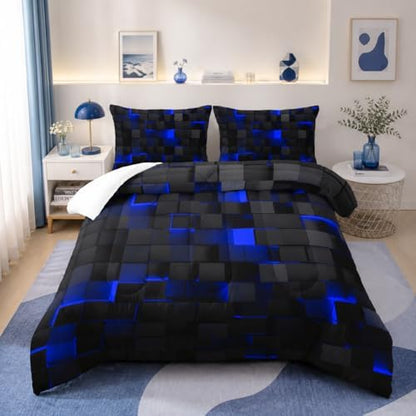 Nttopship Geometric Blue Black Comforter Set,Light Honeycomb 3 Piece Bedding Set King Size for Teen Boys,Modern Quilt Set Geometry Decor,Microfiber Lightweight 1 Comforter 2 Pillowcases All Season