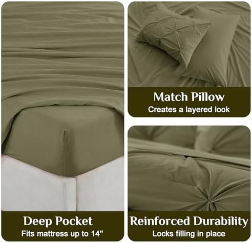 JOLLYVOGUE Queen Comforter Set 7 Pieces - Bed in a Bag Queen for All Season, Pintuck Bedding Comforter Sets with Comforter, Flat Sheet, Fitted Sheet and Pillowcases & Shams, Olive Green
