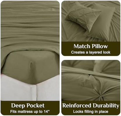 JOLLYVOGUE Queen Comforter Set 7 Pieces - Bed in a Bag Queen for All Season, Pintuck Bedding Comforter Sets with Comforter, Flat Sheet, Fitted Sheet and Pillowcases & Shams, Olive Green