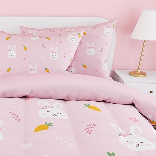SANDJEST Rabbit Comforter Set Twin Size 68x86in for Kids Girls, Microfiber 3 Pcs Bedding Set Includes 1 Comforter, 1 Pillowcase, 1 Fitted Sheet, Nursery Room Decor