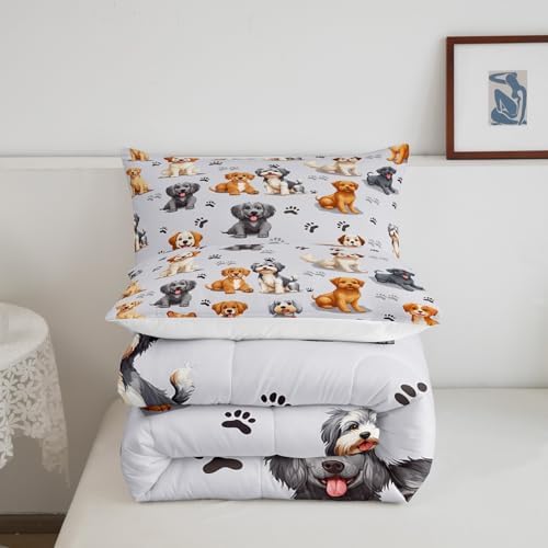 Kids Cute Dog Comforter Set Toddler Cartoon Dogs Bedding Set for Boys Girls Children Pet Dog Puppy Animal Lover Comforter Lovely Dog Paw Down Alternative Comforter for All Season Room Decor Twin Size